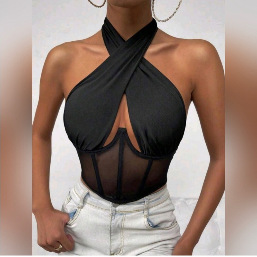 Black Contrast Mesh Front Cross Halter Bustier Crop Top for Women